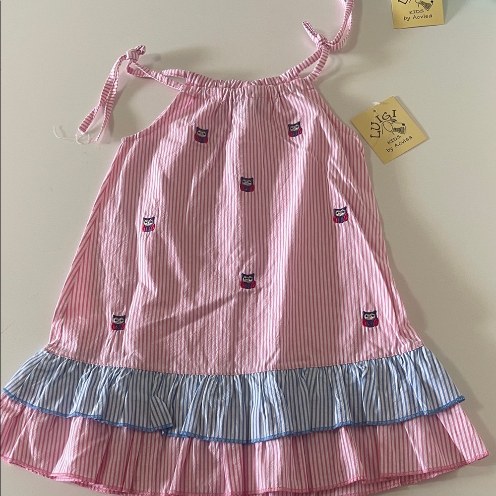 NWT- Pink and Blue Striped Dress Seersucker with Owl Embroidery- 2T